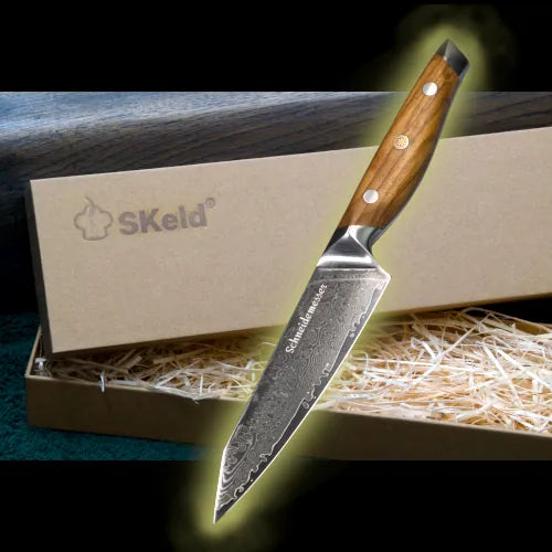 Damast Allzweckmesser 12 cm – Olivenholz | SKeld®