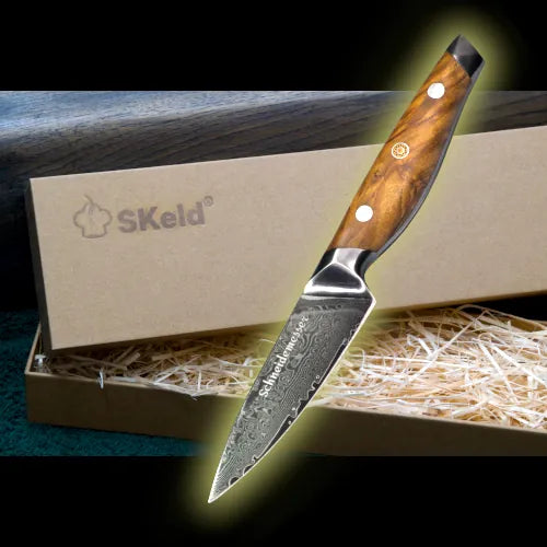 Couteau à légumes Damas 9,5 cm – Bois d'olivier | SKeld®