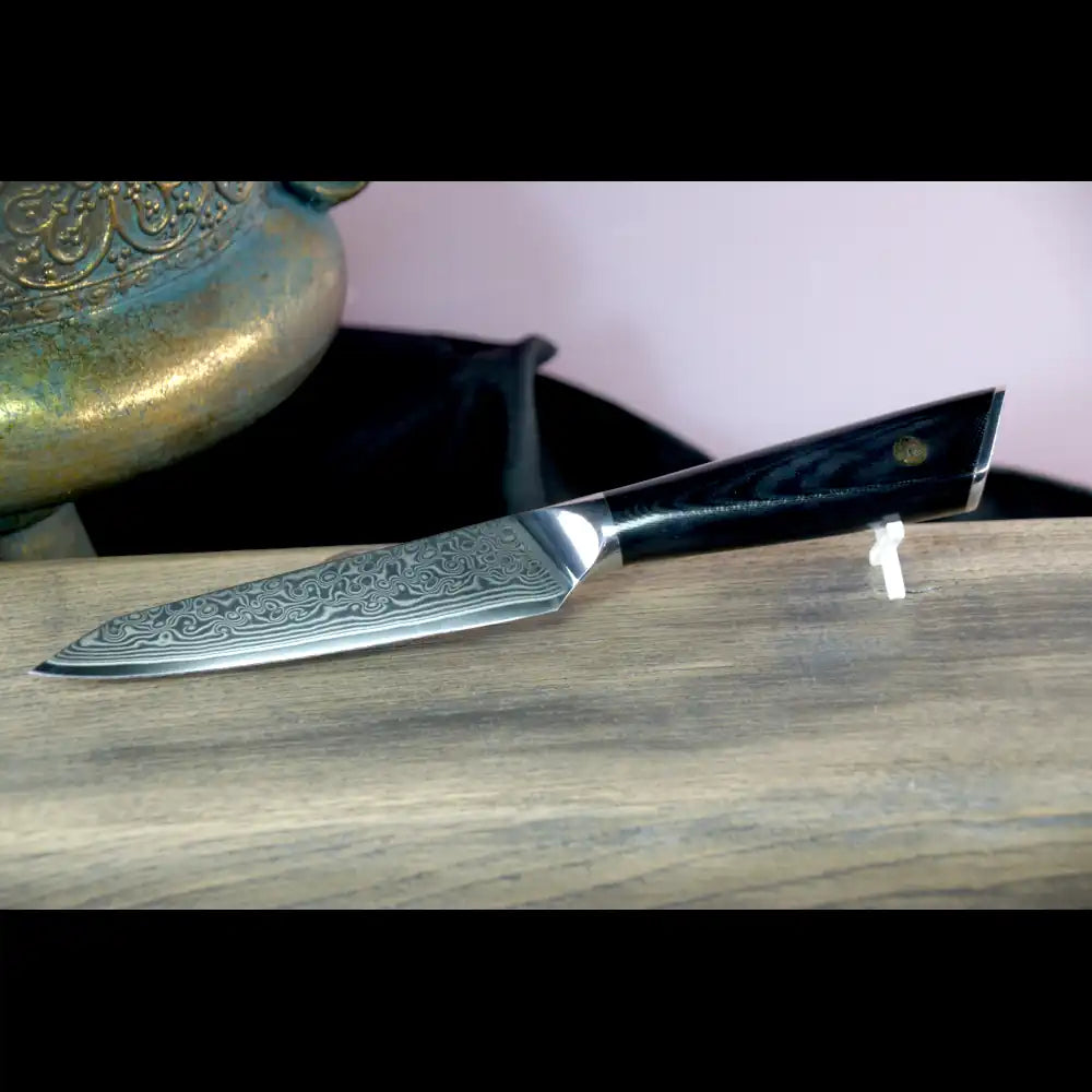 Allzweckmesser mit 13 cm VG10-Klinge, 67-Lagen-Damaststahl und schwarzem G10-Griff für präzises, vielseitiges Schneiden