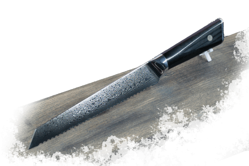 Brotmesser aus VG10 Stahlkern mit 67 Lagen Damaststahl und schwarzem G10-Griff