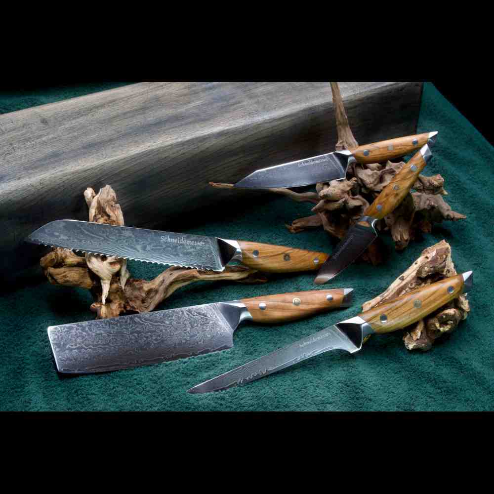 Das 5-teilige Damastmesser-Set mit VG10 Klingen aus 67 Lagen umfasst Allzweck-, Gemüse-, Nakiri-, Brot- und Ausbeinmesser mit Olivenholzgriff.