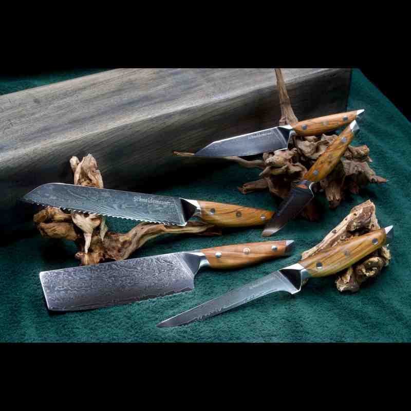 Das 5-teilige Damastmesser-Set mit VG10 Klingen aus 67 Lagen umfasst Allzweck-, Gemüse-, Nakiri-, Brot- und Ausbeinmesser mit Olivenholzgriff.