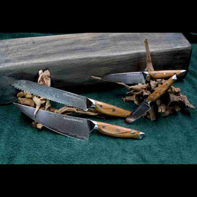 Das 4-teilige Damastmesser-Set mit VG10 Klingen aus 67 Lagen umfasst Allzweck-, Gemüse-, Brot- und Kochmesser mit Olivenholzgriff.