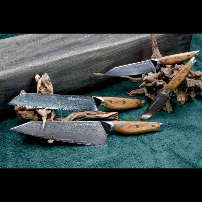 Das 4-teilige Damastmesser-Set mit VG10 Klingen aus 67 Lagen umfasst Allzweck-, Gemüse-, Kiritsuke und Brotmesser mit Olivenholzgriff.
