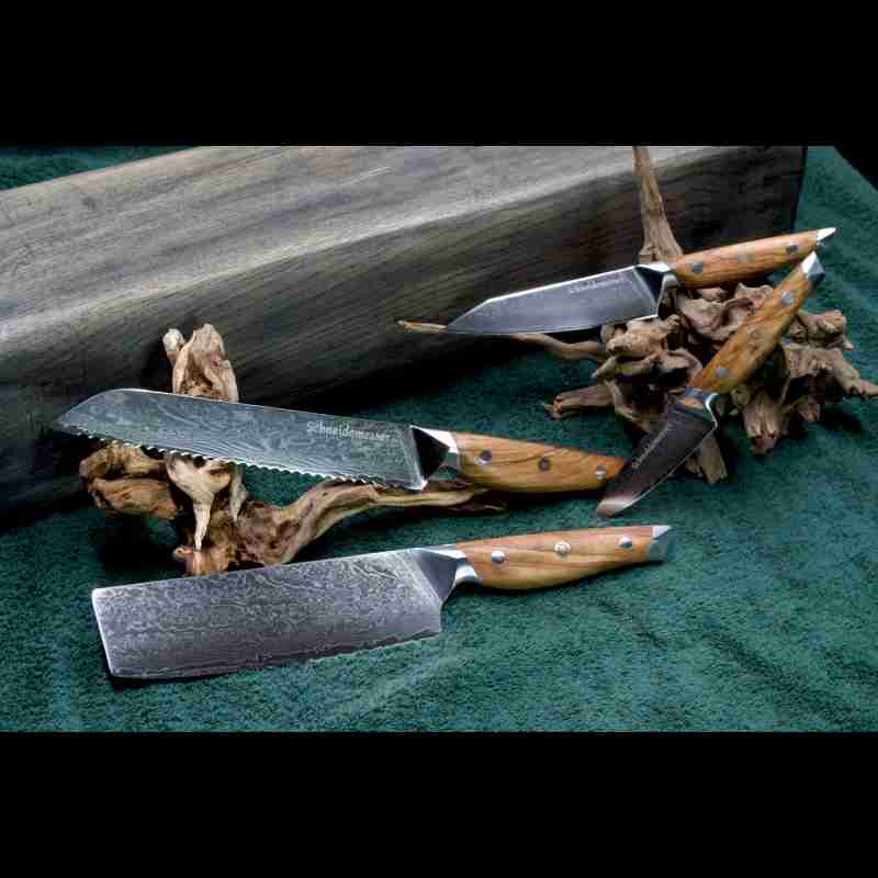 Das 4-teilige Damastmesser-Set mit VG10 Klingen aus 67 Lagen umfasst Allzweck-, Gemüse-, Brot- und Nakirimesser mit Olivenholzgriff.