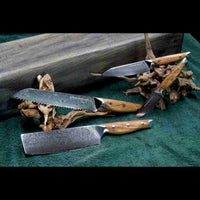 Das 4-teilige Damastmesser-Set mit VG10 Klingen aus 67 Lagen umfasst Allzweck-, Gemüse-, Brot- und Nakirimesser mit Olivenholzgriff.