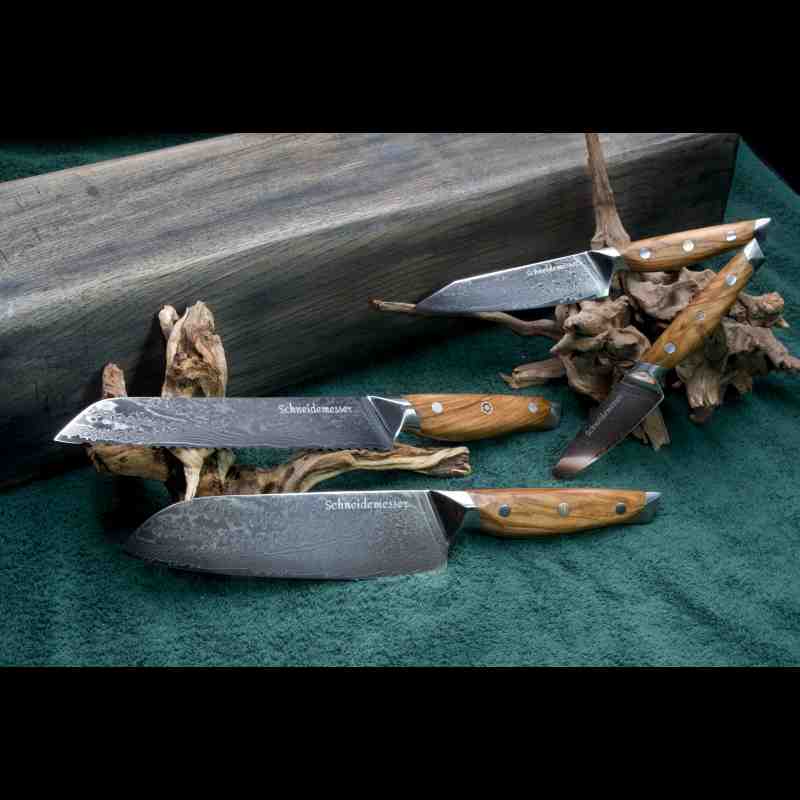 Das 4-teilige Damastmesser-Set mit VG10 Klingen aus 67 Lagen umfasst Allzweck-, Gemüse-, Brot- und Santokumesser mit Olivenholzgriff.