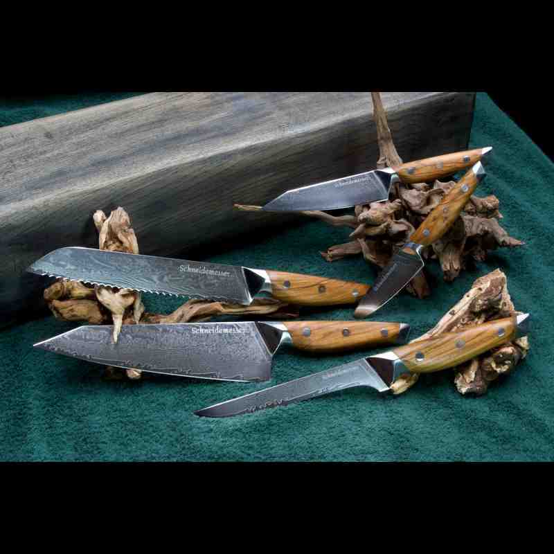 Das 5-teilige Damastmesser-Set mit VG10 Klingen aus 67 Lagen umfasst Allzweck-, Gemüse-, Kiritsuke-, Brot- und Ausbeinmesser mit Olivenholzgriff.