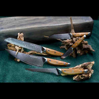Das 5-teilige Damastmesser-Set mit VG10 Klingen aus 67 Lagen umfasst Allzweck-, Gemüse-, Koch-, Brot- und Ausbeinmesser mit Olivenholzgriff.