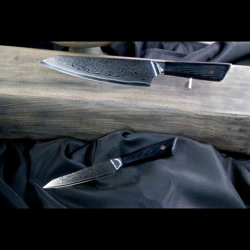 2er Damastmesser: Kiritsuke & 13 cm Allzweckmesser, VG10-Kernstahl, 67 Lagen, schwarzer G10-Griff
