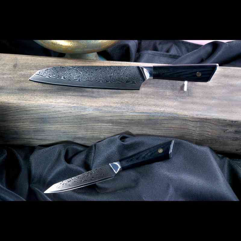 2er Damastmesser: Santoku & 13 cm Allzweckmesser, VG10-Kernstahl, 67 Lagen, schwarzer G10-Griff