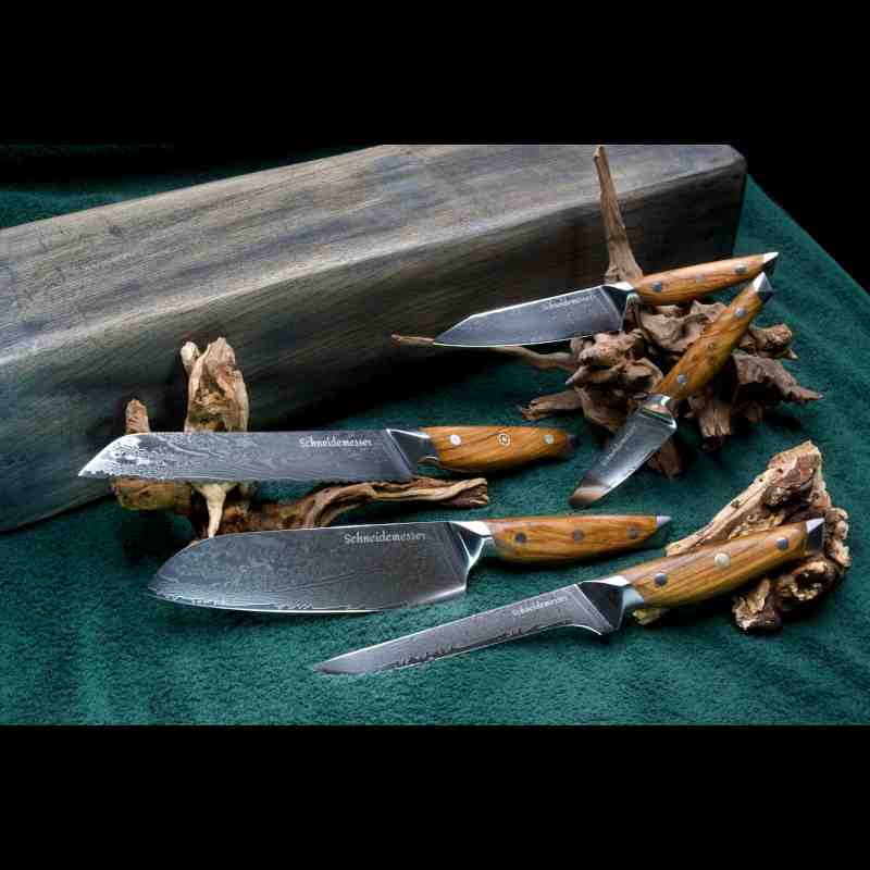 Das 5-teilige Damastmesser-Set mit VG10 Klingen aus 67 Lagen umfasst Allzweck-, Gemüse-, Santoku-, Brot- und Ausbeinmesser mit Olivenholzgriff.
