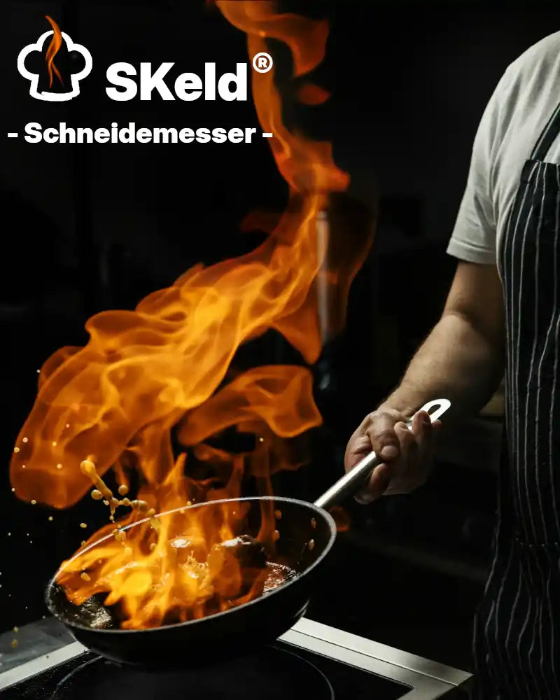 Flames leaping from a pan – a passion for cooking with SKELD Damascus steel and VG10 chef's knives