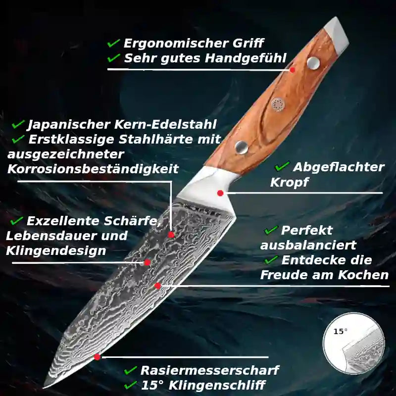 Schneide-, Küchen-, Allzweck-, Universal- & Steakmesser aus Damaststahl mit Olivenholzgriff – robustes, hochwertiges Besteck.
