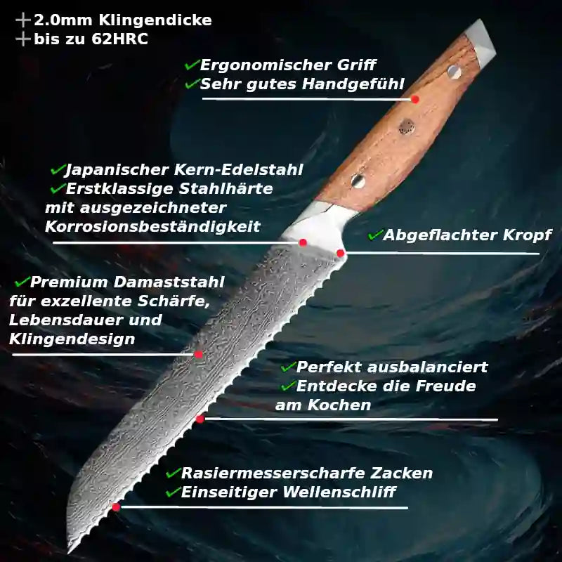 Schneide-, Küchen- & Brotmesser mit Wellenschliff aus Damaststahl – mit Olivenholzgriff & robustem Aufbau für die Küche.