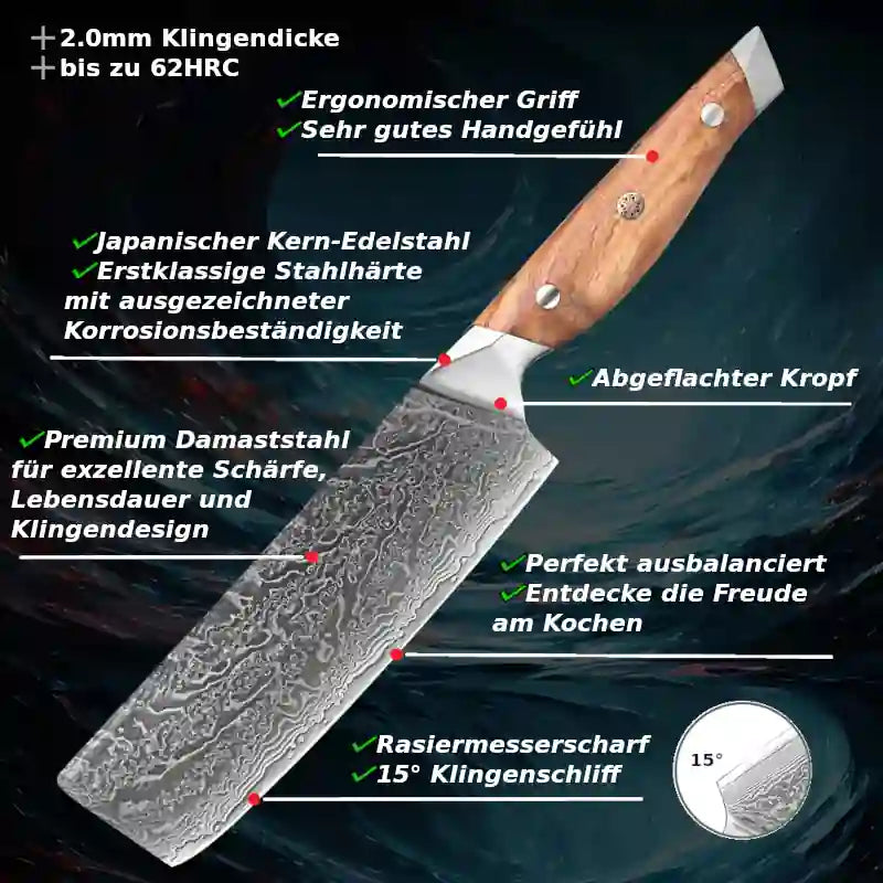 Nakirimesser, Küchen- & Schneidemesser aus japanischem Damaststahl mit Olivenholzgriff – robust & hochwertig.
