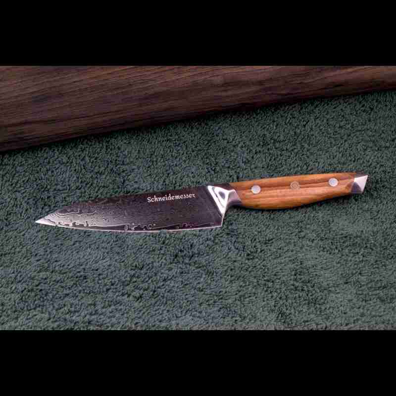 SKeld™ Damast Allzweckmesser, Schneidemesser mit 13 cm Klinge aus VG10 Kernstahl, 67 Lagen Damaststahl und Olivenholzgriff