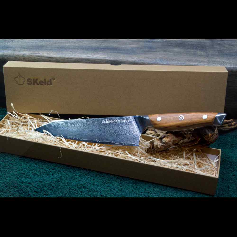 SKeld® Geschenkbox mit Holzwolle-Polsterung und Olivenholz Damast Kiritsukemesser
