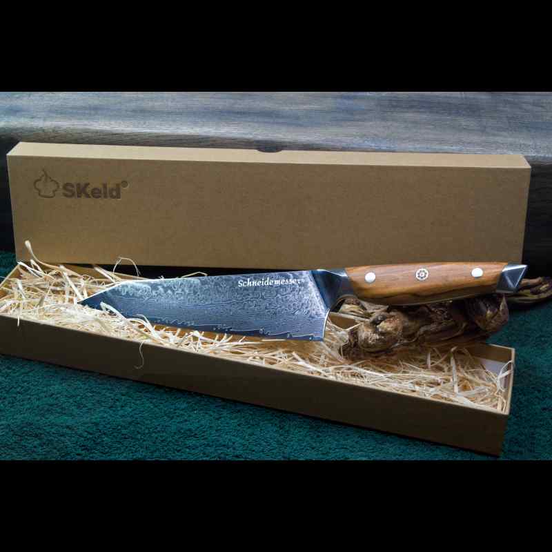 SKeld® Geschenkbox mit Holzwolle-Polsterung und Olivenholz Damast Kiritsukemesser