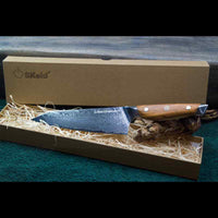 SKeld® Geschenkbox mit Holzwolle-Polsterung und Olivenholz Damast Kiritsukemesser