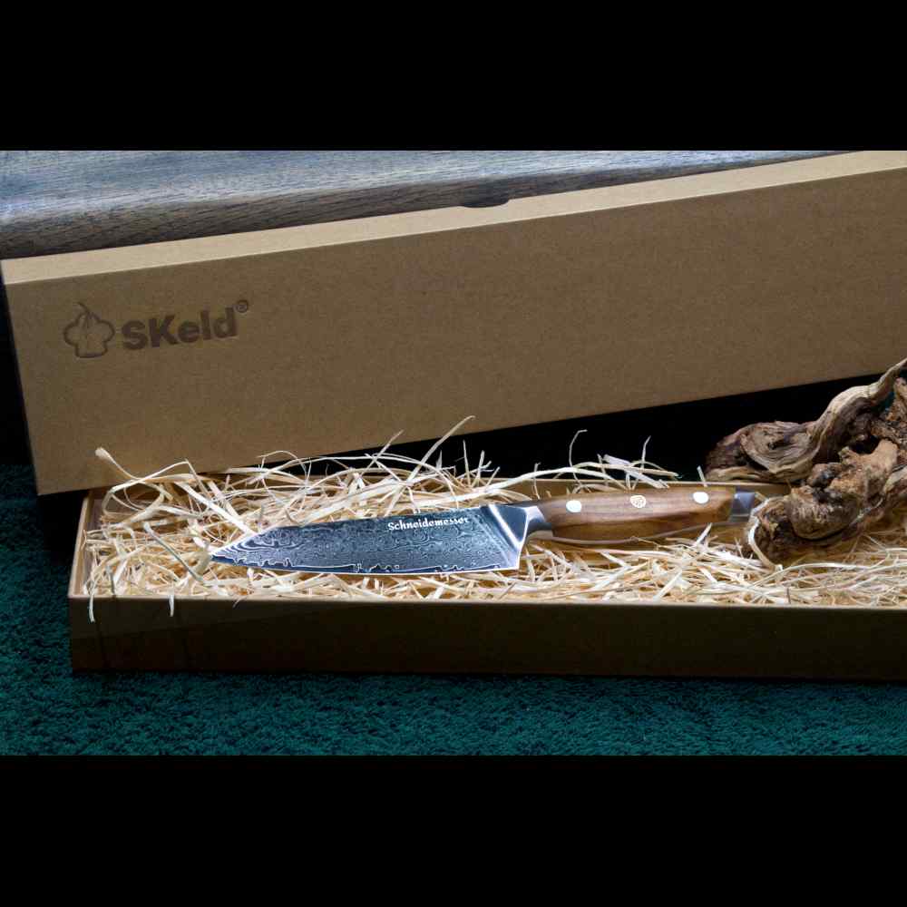 SKeld® Geschenkbox mit Holzwolle-Polsterung und Olivenholz Damast Allzweckmesser