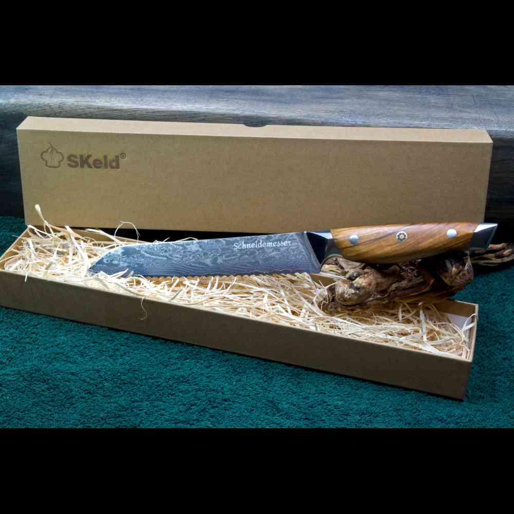 SKeld® Geschenkbox mit Holzwolle-Polsterung und Olivenholz Damast Brotmesser