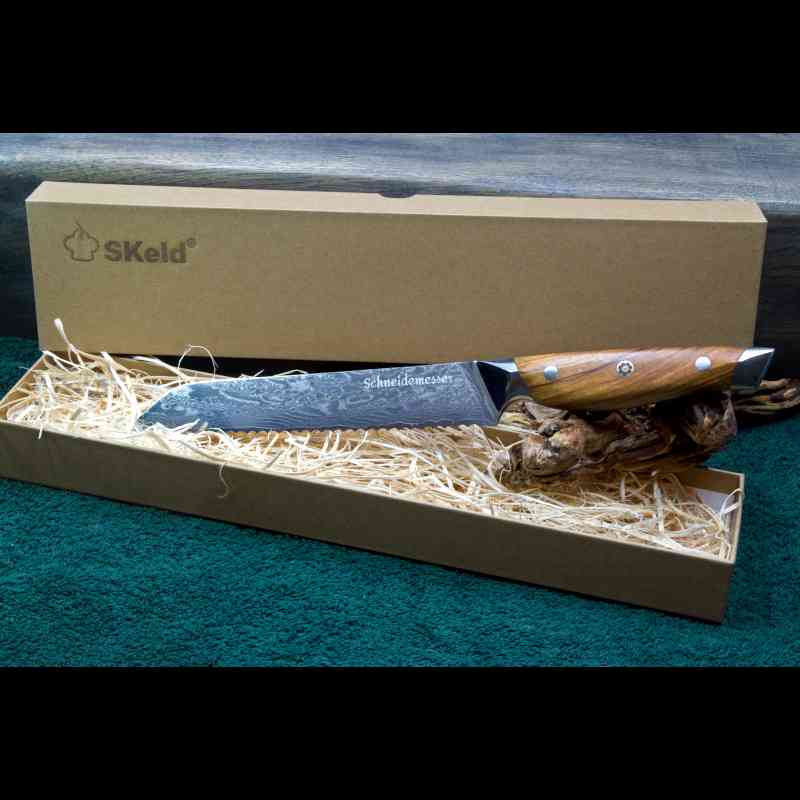 SKeld® Geschenkbox mit Holzwolle-Polsterung und Olivenholz Damast Brotmesser